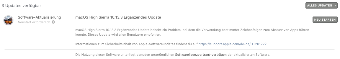 Software-Aktualisierung macOS High Sierra 10.13.3 Ergänzendes Update